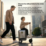 Man and child with a suitcase toy on a city street, promoting the Airwheel SE3SL.